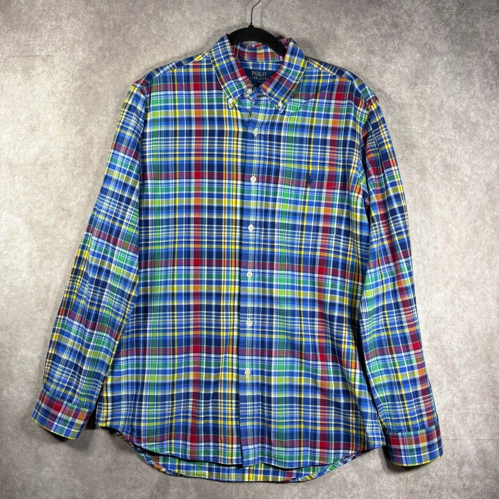 Polo Ralph Lauren Classic Fit Oxford Shirt Mens Medium Blue Plaid Button Down